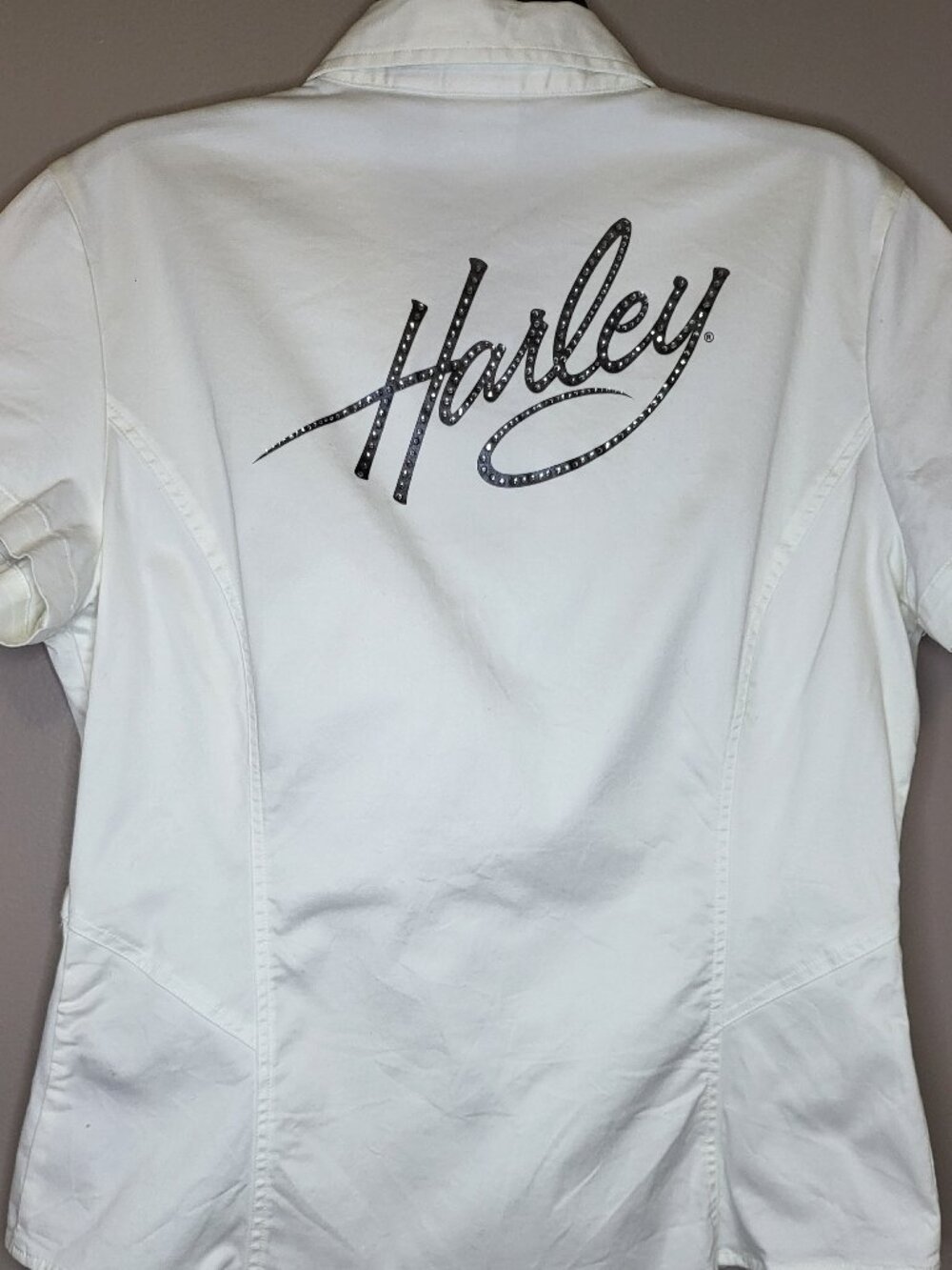 Harley-Davidson Womens White Zip Front Shirt Rhinestone Logo Large Stretch Moto - Picture 2 of 4